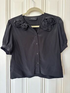 Simone Rocha Black Short-Sleeve Floral Appliqué Blouse